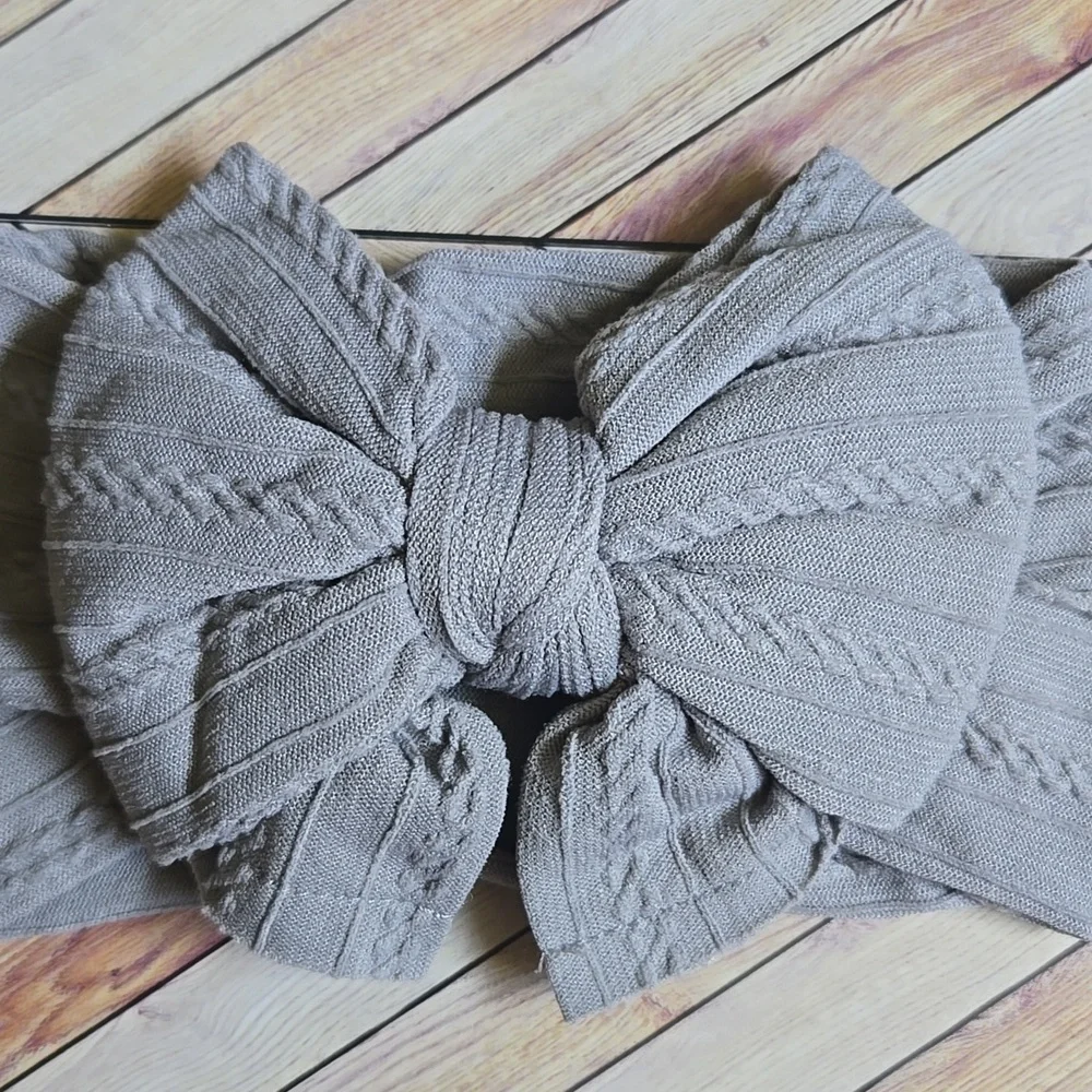 Cable Knit Baby Girl Headband Soft Ribbed Turban Bow Grey Infant Hair Photo Prop